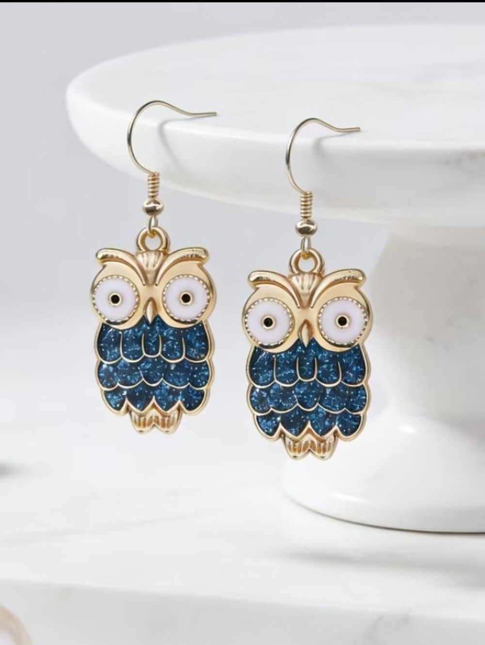 Gold Tone Blue Owl Drop Earrings for Women